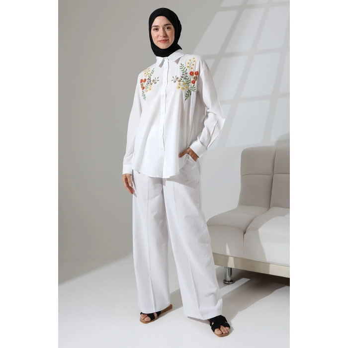 100% Pamuk Keten Günlük ve Rahat Çiçek Desen Nakışlı Taşlı Gömlek Pantolon Yazlık Alt Üst Takım