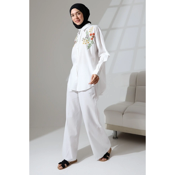 100% Pamuk Keten Günlük ve Rahat Çiçek Desen Nakışlı Taşlı Gömlek Pantolon Yazlık Alt Üst Takım