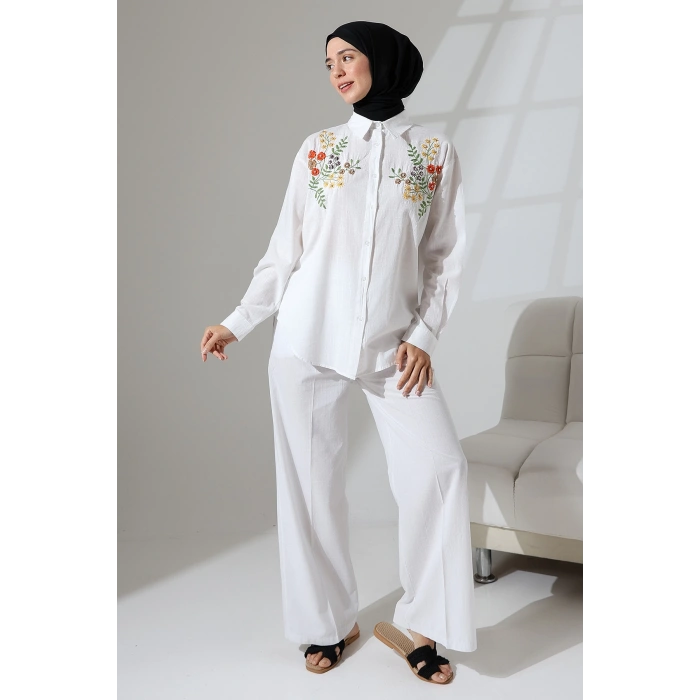 100% Pamuk Keten Günlük ve Rahat Çiçek Desen Nakışlı Taşlı Gömlek Pantolon Yazlık Alt Üst Takım