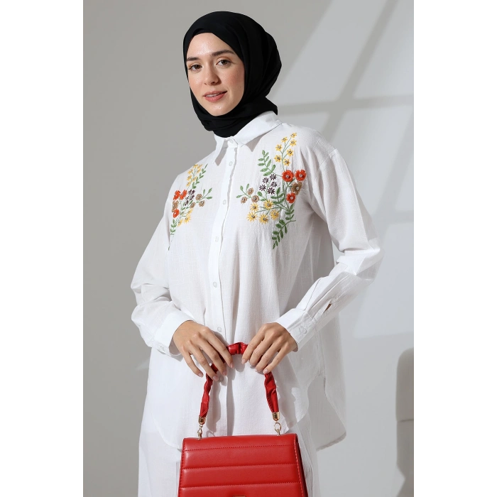 100% Pamuk Keten Günlük ve Rahat Çiçek Desen Nakışlı Taşlı Gömlek Pantolon Yazlık Alt Üst Takım