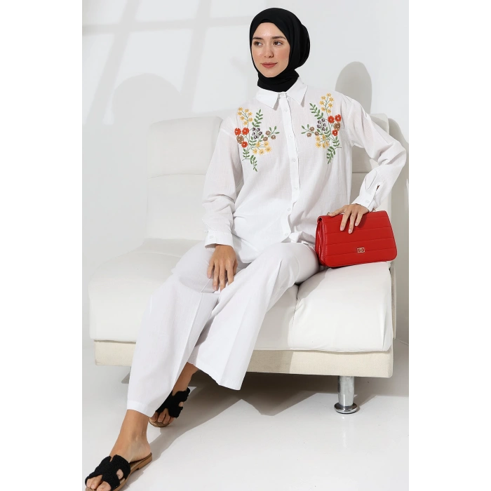 100% Pamuk Keten Günlük ve Rahat Çiçek Desen Nakışlı Taşlı Gömlek Pantolon Yazlık Alt Üst Takım