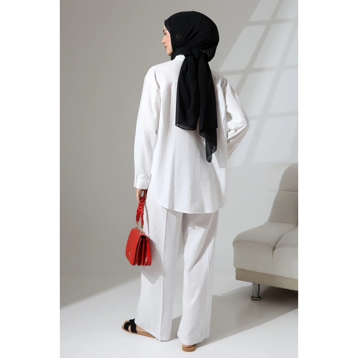 100% Pamuk Keten Günlük ve Rahat Çiçek Desen Nakışlı Taşlı Gömlek Pantolon Yazlık Alt Üst Takım