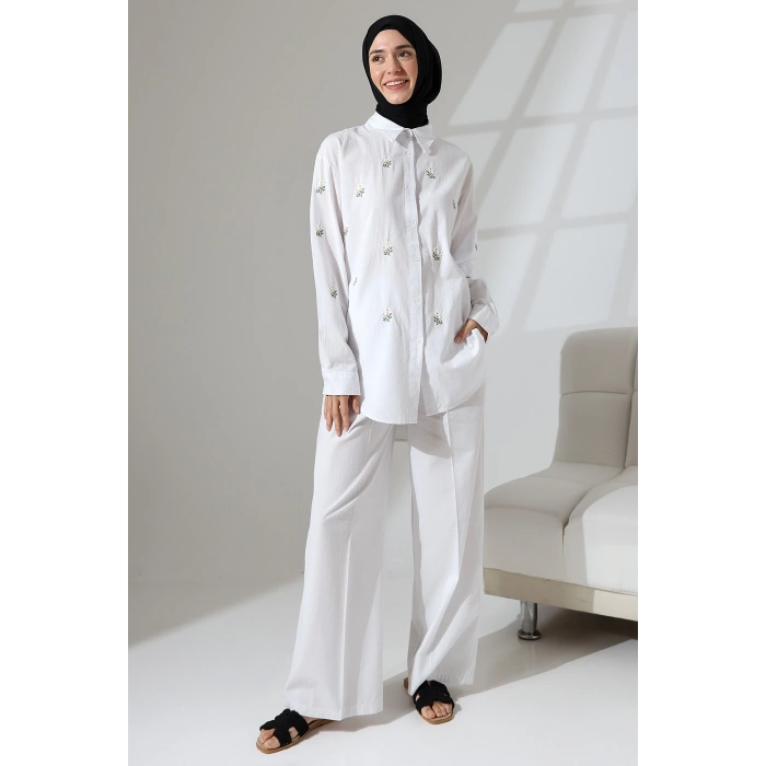 100% Pamuk Keten Günlük ve Rahat Çiçek Desen Nakışlı Gömlek Pantolon Yazlık Alt Üst Takım