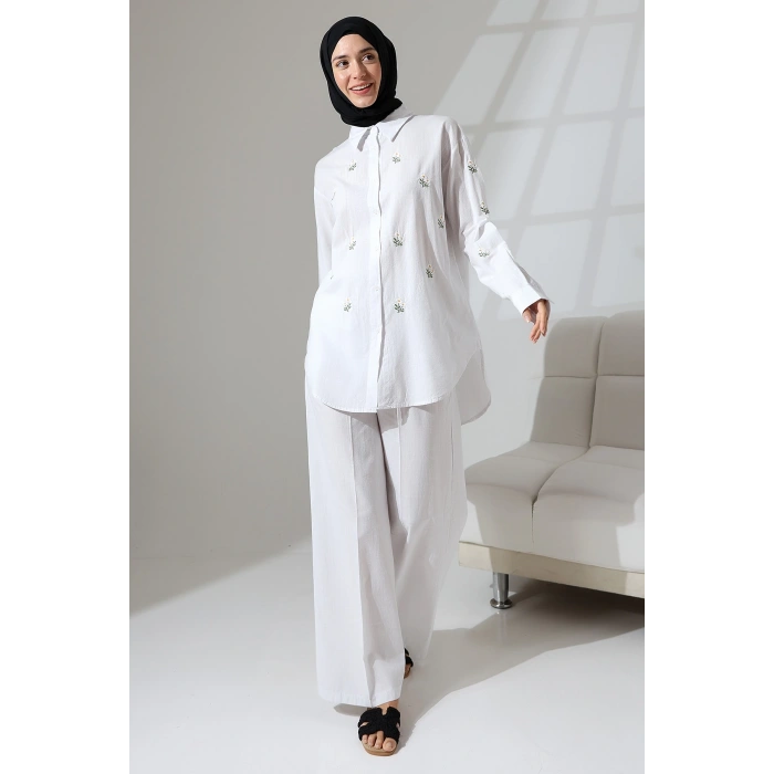 100% Pamuk Keten Günlük ve Rahat Çiçek Desen Nakışlı Gömlek Pantolon Yazlık Alt Üst Takım