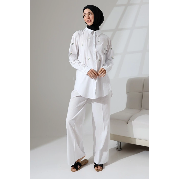 100% Pamuk Keten Günlük ve Rahat Çiçek Desen Nakışlı Gömlek Pantolon Yazlık Alt Üst Takım