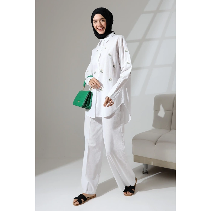 100% Pamuk Keten Günlük ve Rahat Çiçek Desen Nakışlı Gömlek Pantolon Yazlık Alt Üst Takım