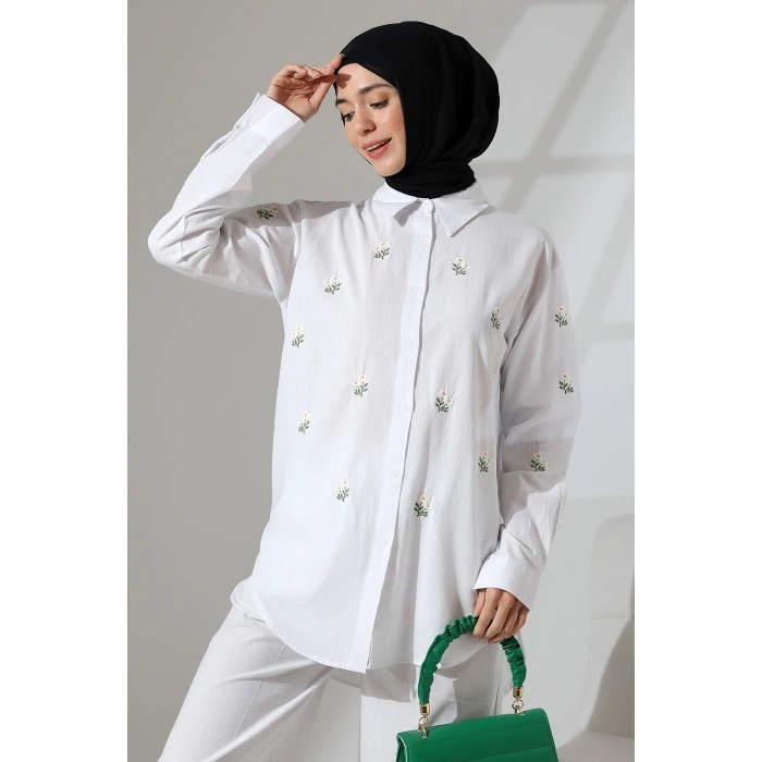 100% Pamuk Keten Günlük ve Rahat Çiçek Desen Nakışlı Gömlek Pantolon Yazlık Alt Üst Takım