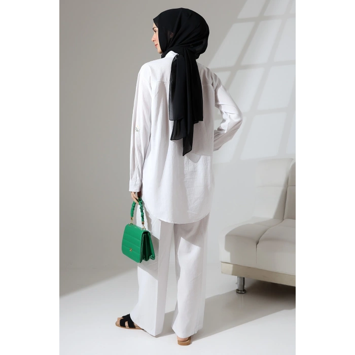 100% Pamuk Keten Günlük ve Rahat Çiçek Desen Nakışlı Gömlek Pantolon Yazlık Alt Üst Takım