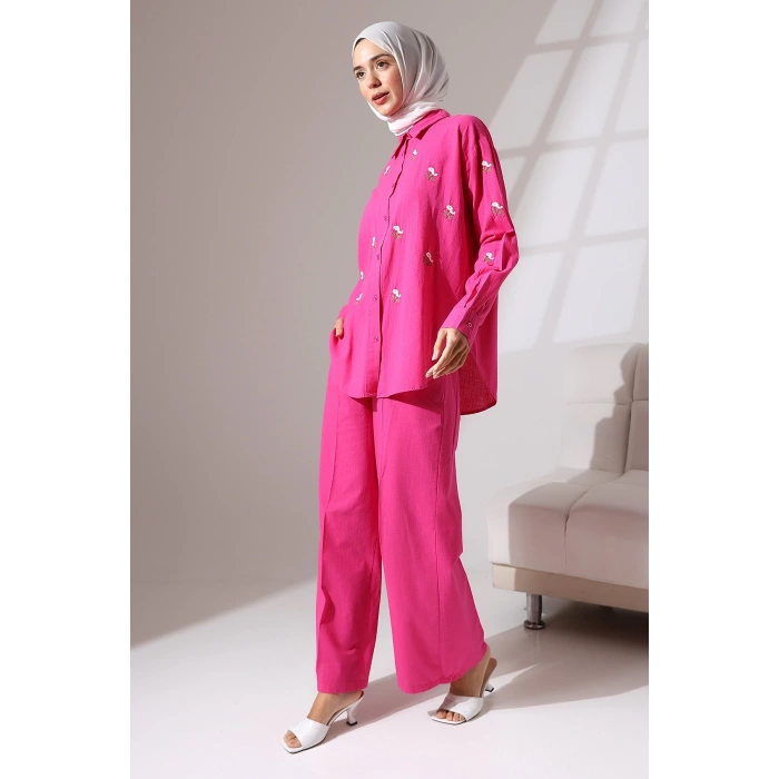 100% Pamuk Keten Günlük ve Rahat Çiçek Desen Nakışlı Gömlek Pantolon Yazlık Alt Üst Takım