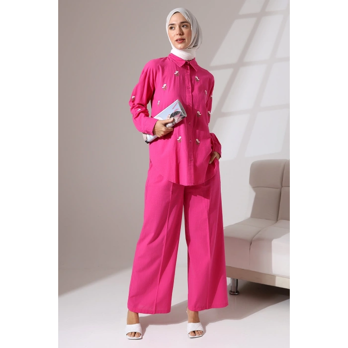 100% Pamuk Keten Günlük ve Rahat Çiçek Desen Nakışlı Gömlek Pantolon Yazlık Alt Üst Takım