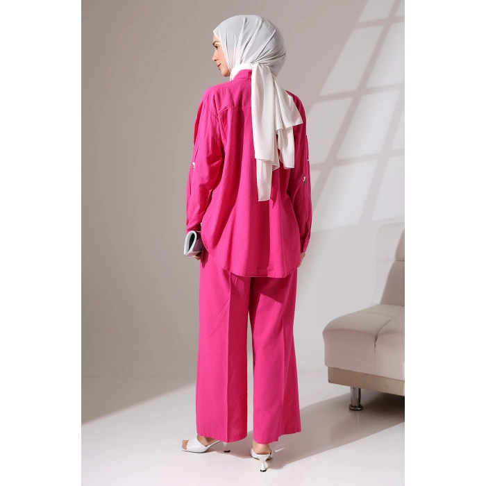 100% Pamuk Keten Günlük ve Rahat Çiçek Desen Nakışlı Gömlek Pantolon Yazlık Alt Üst Takım