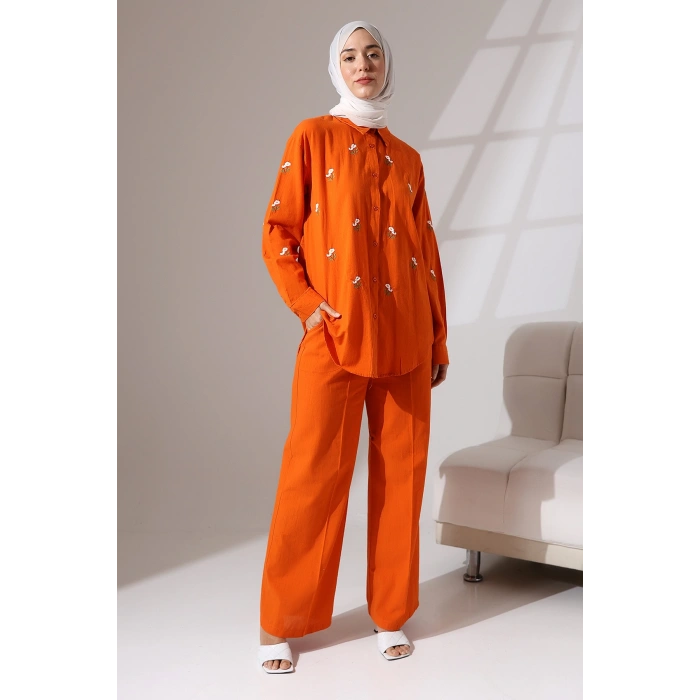 100% Pamuk Keten Günlük ve Rahat Çiçek Desen Nakışlı Gömlek Pantolon Yazlık Alt Üst Takım