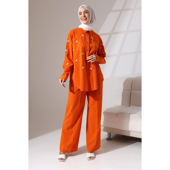 100% Pamuk Keten Günlük ve Rahat Çiçek Desen Nakışlı Gömlek Pantolon Yazlık Alt Üst Takım