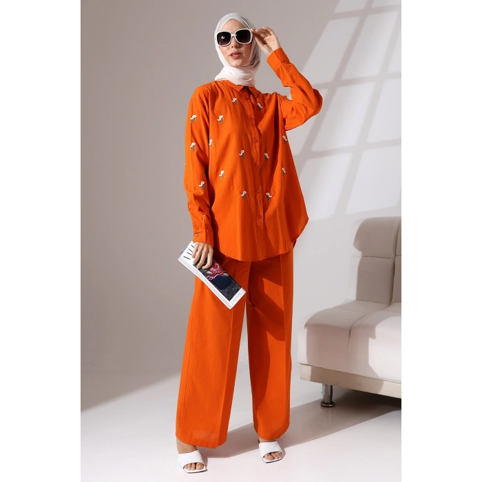 100% Pamuk Keten Günlük ve Rahat Çiçek Desen Nakışlı Gömlek Pantolon Yazlık Alt Üst Takım