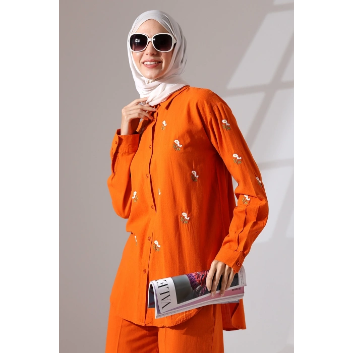 100% Pamuk Keten Günlük ve Rahat Çiçek Desen Nakışlı Gömlek Pantolon Yazlık Alt Üst Takım