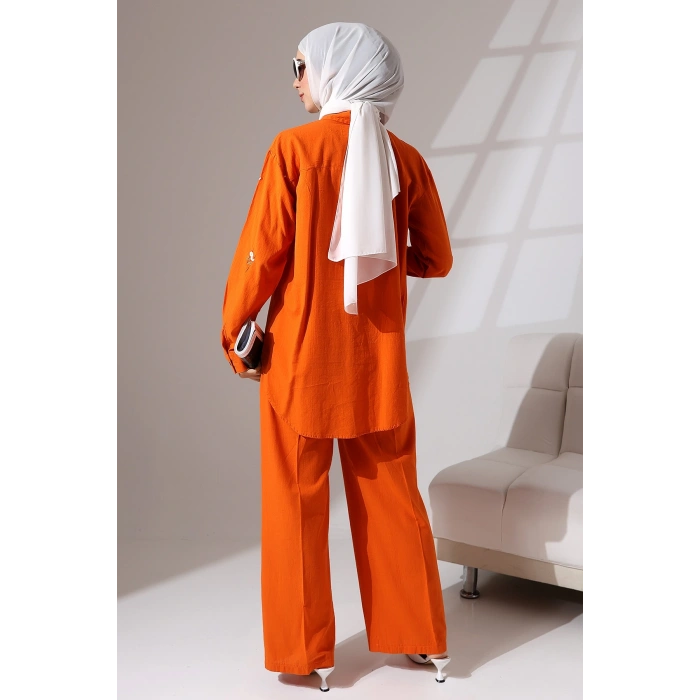 100% Pamuk Keten Günlük ve Rahat Çiçek Desen Nakışlı Gömlek Pantolon Yazlık Alt Üst Takım