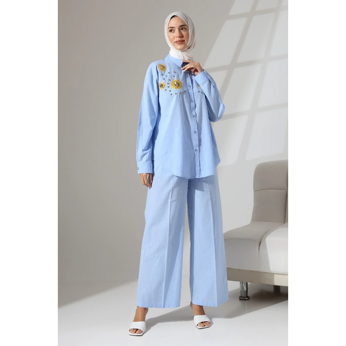 100% Pamuk Keten Günlük ve Rahat Çiçek Desen Nakışlı Taşlı Gömlek Pantolon Yazlık Alt Üst Takım