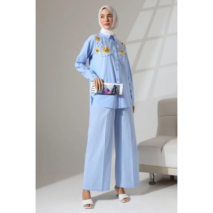 100% Pamuk Keten Günlük ve Rahat Çiçek Desen Nakışlı Taşlı Gömlek Pantolon Yazlık Alt Üst Takım