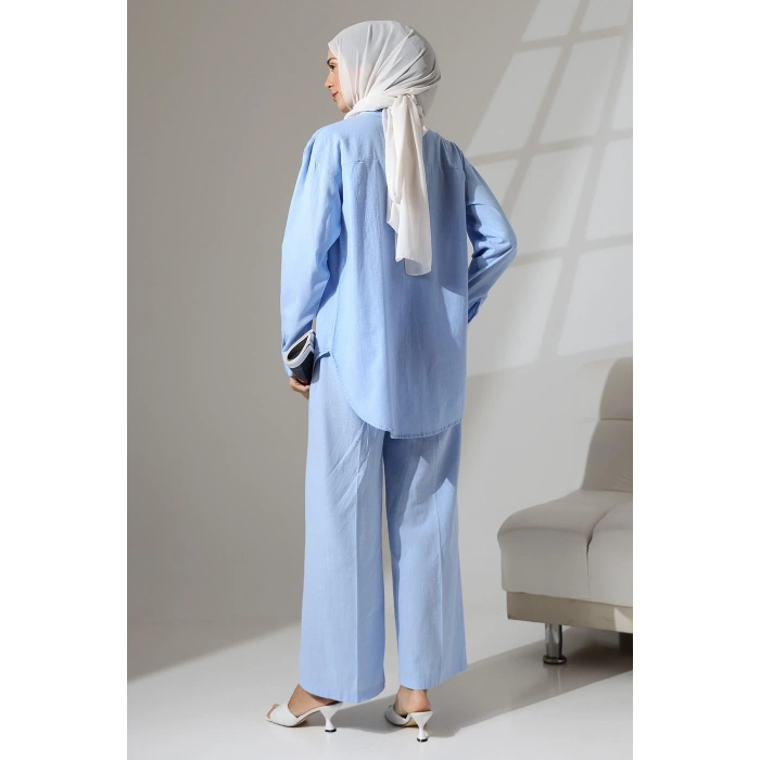 100% Pamuk Keten Günlük ve Rahat Çiçek Desen Nakışlı Taşlı Gömlek Pantolon Yazlık Alt Üst Takım