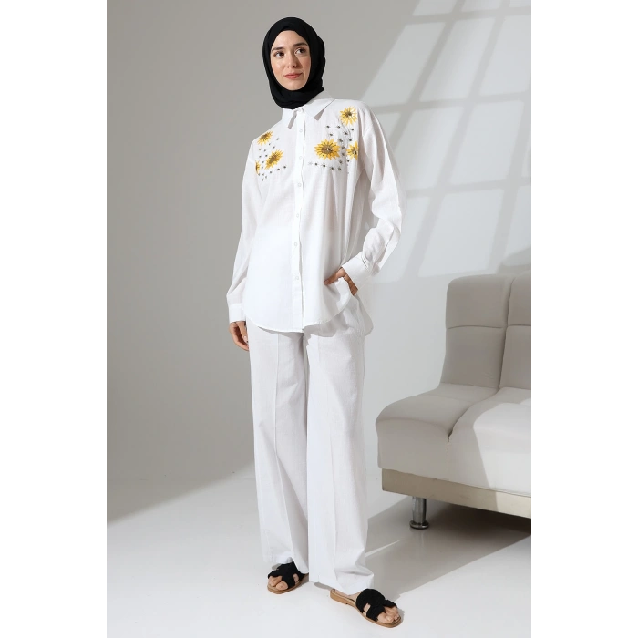 100% Pamuk Keten Günlük ve Rahat Çiçek Desen Nakışlı Taşlı Gömlek Pantolon Yazlık Alt Üst Takım