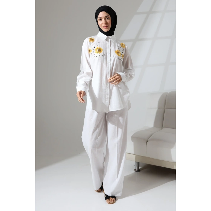 100% Pamuk Keten Günlük ve Rahat Çiçek Desen Nakışlı Taşlı Gömlek Pantolon Yazlık Alt Üst Takım