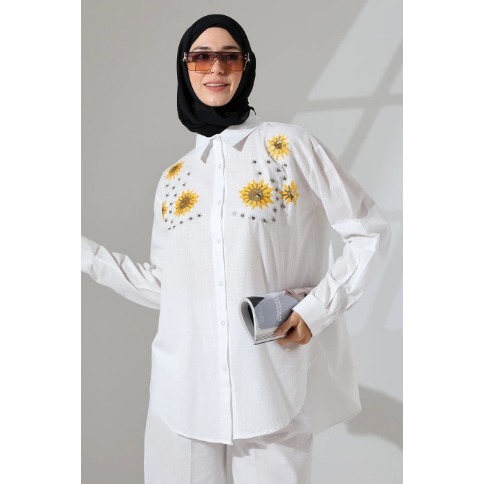 100% Pamuk Keten Günlük ve Rahat Çiçek Desen Nakışlı Taşlı Gömlek Pantolon Yazlık Alt Üst Takım