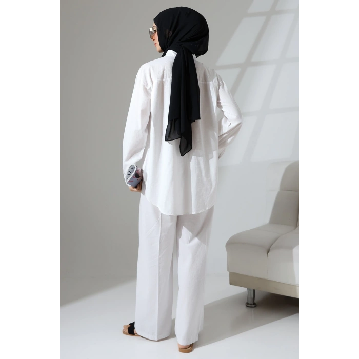 100% Pamuk Keten Günlük ve Rahat Çiçek Desen Nakışlı Taşlı Gömlek Pantolon Yazlık Alt Üst Takım