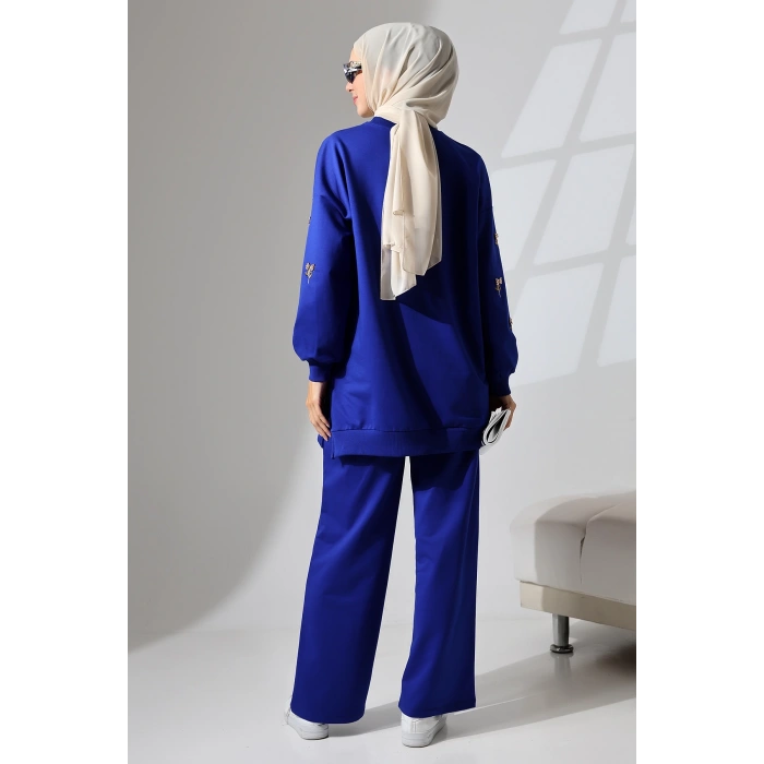 Kadın Saks Mavisi Mevsimlik Penye Alt Üst Spor ve Rahat Tesettür Takım