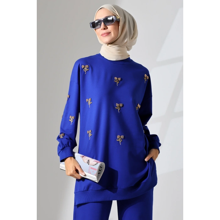 Kadın Saks Mavisi Mevsimlik Penye Alt Üst Spor ve Rahat Tesettür Takım