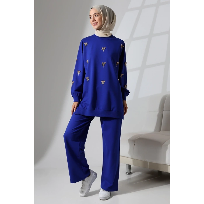 Kadın Saks Mavisi Mevsimlik Penye Alt Üst Spor ve Rahat Tesettür Takım