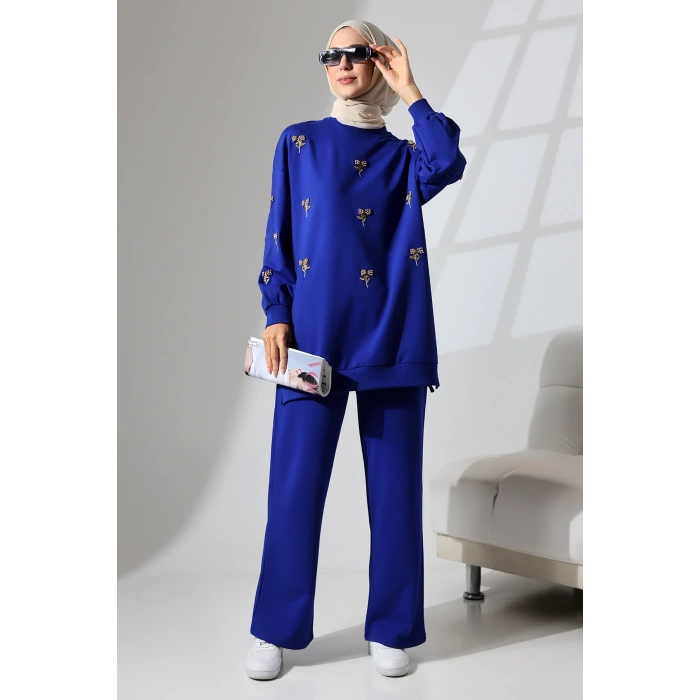 Kadın Saks Mavisi Mevsimlik Penye Alt Üst Spor ve Rahat Tesettür Takım