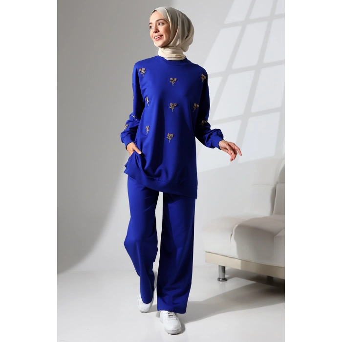 Kadın Saks Mavisi Mevsimlik Penye Alt Üst Spor ve Rahat Tesettür Takım