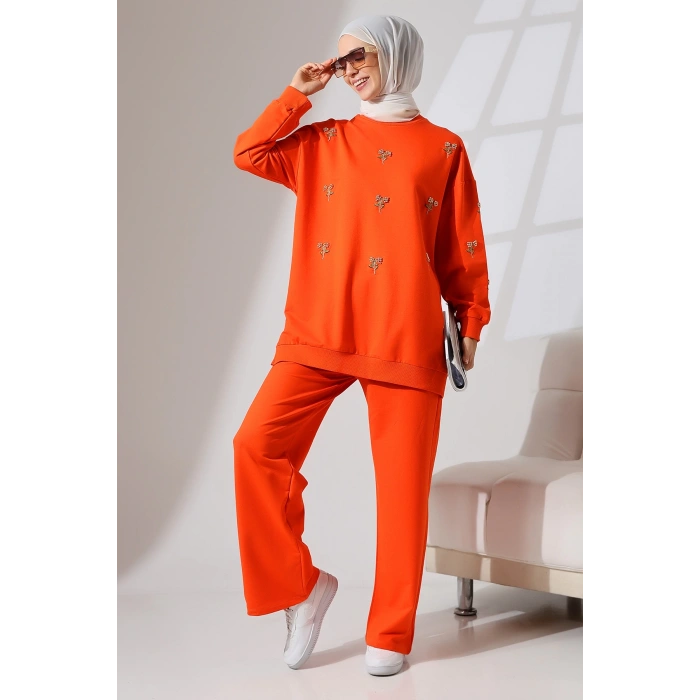 Kadın Turuncu Mevsimlik Penye Alt Üst Spor ve Rahat Tesettür Takım