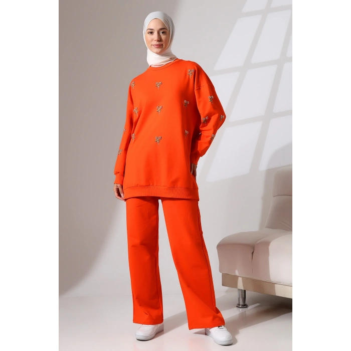 Kadın Turuncu Mevsimlik Penye Alt Üst Spor ve Rahat Tesettür Takım