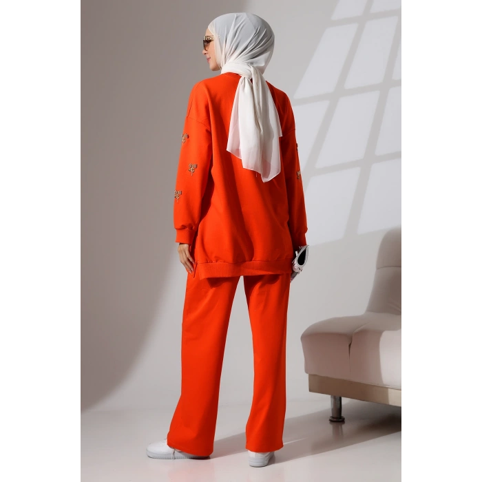 Kadın Turuncu Mevsimlik Penye Alt Üst Spor ve Rahat Tesettür Takım