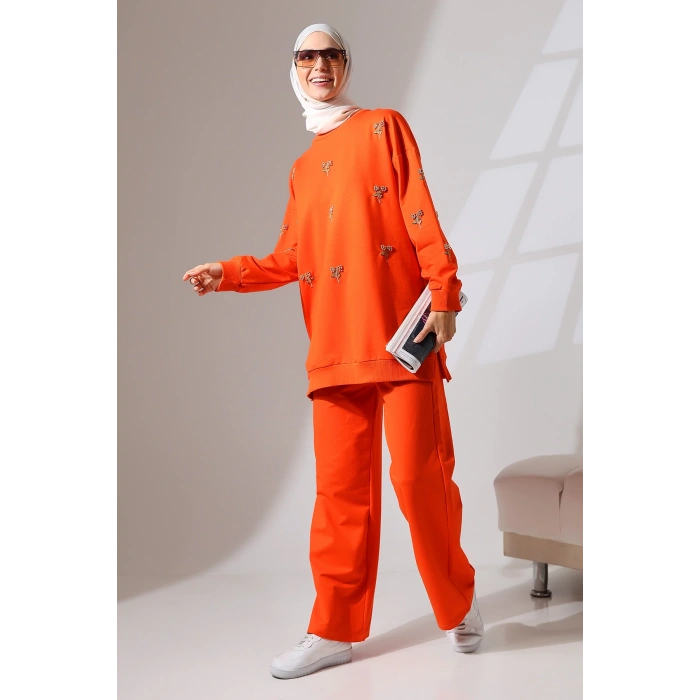 Kadın Turuncu Mevsimlik Penye Alt Üst Spor ve Rahat Tesettür Takım