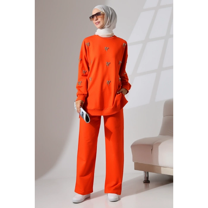 Kadın Turuncu Mevsimlik Penye Alt Üst Spor ve Rahat Tesettür Takım