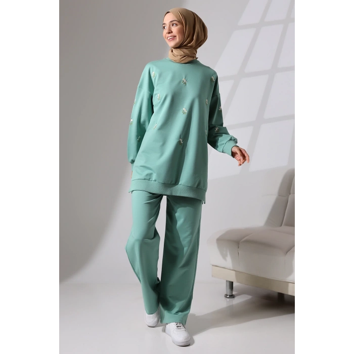 Kadın Mint Yeşili Mevsimlik Penye Alt Üst Spor Ve Rahat Ikili Tunik Pantolon Şık Tesettür Takım