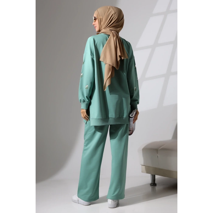 Kadın Mint Yeşili Mevsimlik Penye Alt Üst Spor Ve Rahat Ikili Tunik Pantolon Şık Tesettür Takım