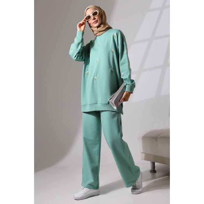 Kadın Mint Yeşili Mevsimlik Penye Alt Üst Spor Ve Rahat Ikili Tunik Pantolon Şık Tesettür Takım