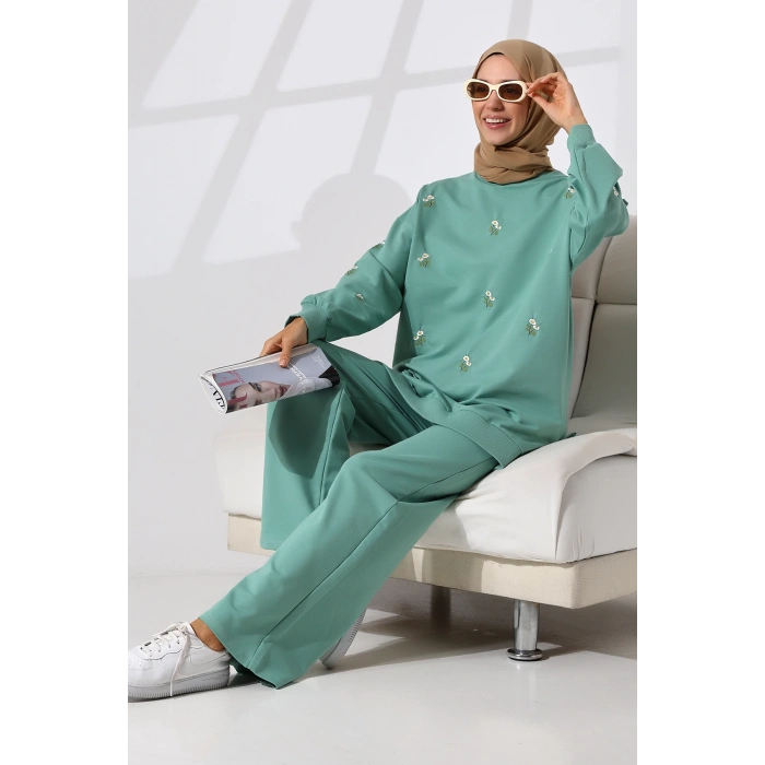 Kadın Mint Yeşili Mevsimlik Penye Alt Üst Spor Ve Rahat Ikili Tunik Pantolon Şık Tesettür Takım