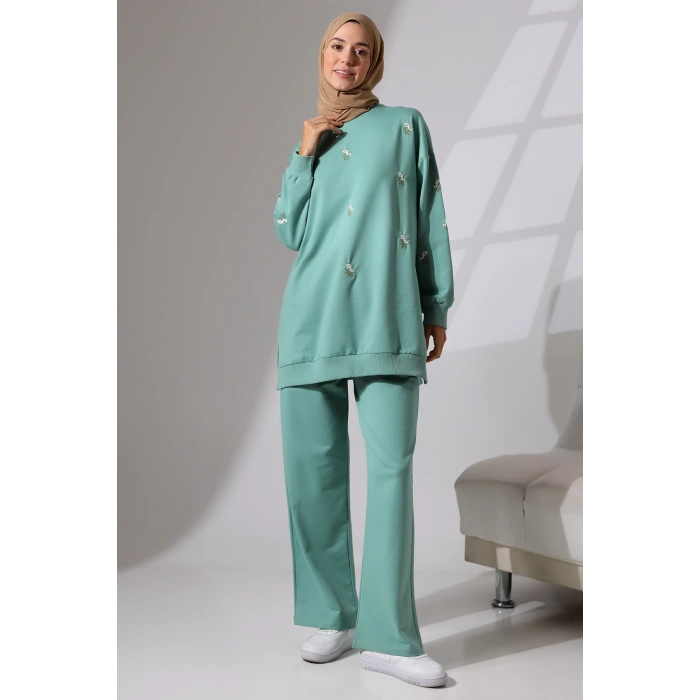 Kadın Mint Yeşili Mevsimlik Penye Alt Üst Spor Ve Rahat Ikili Tunik Pantolon Şık Tesettür Takım