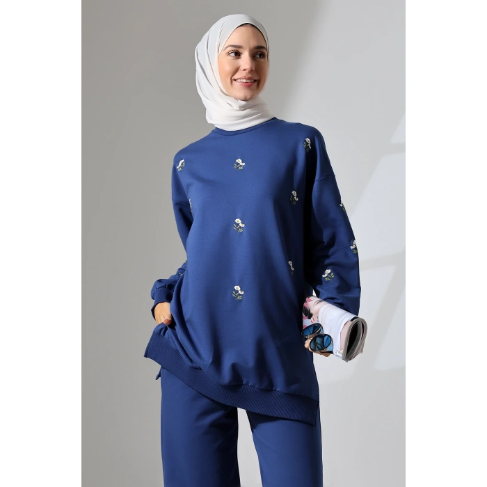 Kadın Lacivert Mevsimlik Penye Alt Üst Spor Ve Rahat Ikili Tunik Pantolon Şık Tesettür Takım