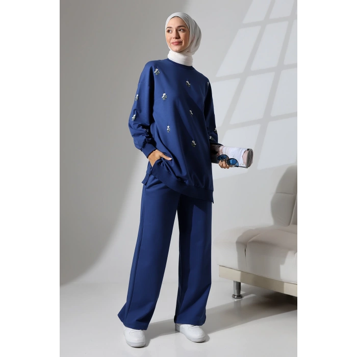 Kadın Lacivert Mevsimlik Penye Alt Üst Spor Ve Rahat Ikili Tunik Pantolon Şık Tesettür Takım
