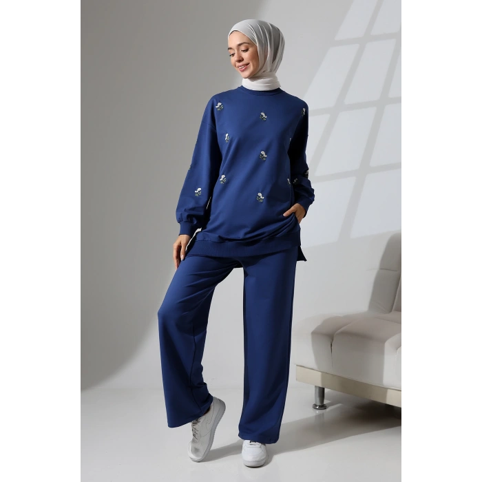 Kadın Lacivert Mevsimlik Penye Alt Üst Spor Ve Rahat Ikili Tunik Pantolon Şık Tesettür Takım