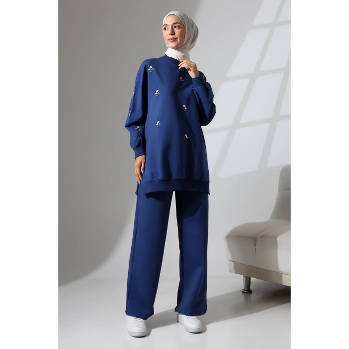 Kadın Lacivert Mevsimlik Penye Alt Üst Spor Ve Rahat Ikili Tunik Pantolon Şık Tesettür Takım