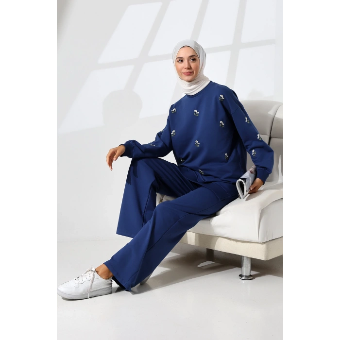 Kadın Lacivert Mevsimlik Penye Alt Üst Spor Ve Rahat Ikili Tunik Pantolon Şık Tesettür Takım