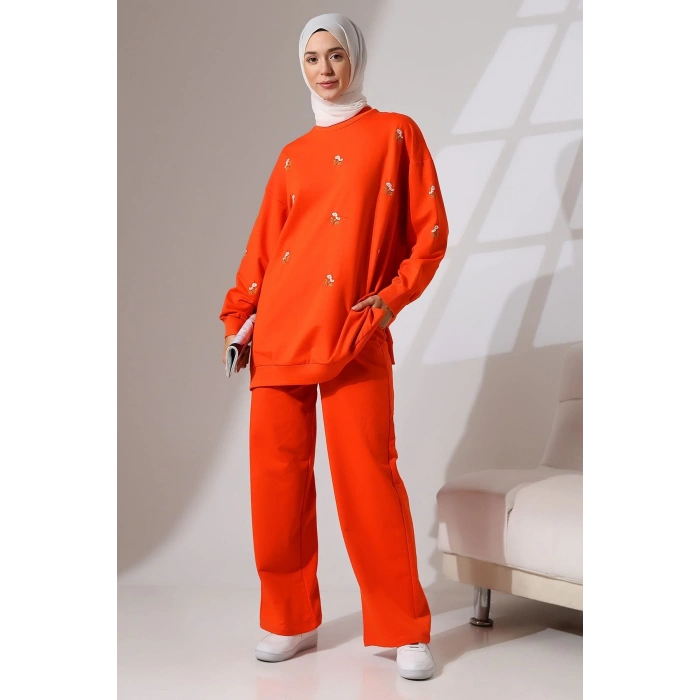 Kadın Turuncu Mevsimlik Penye Alt Üst Spor Ve Rahat Ikili Tunik Pantolon Şık Tesettür Takım