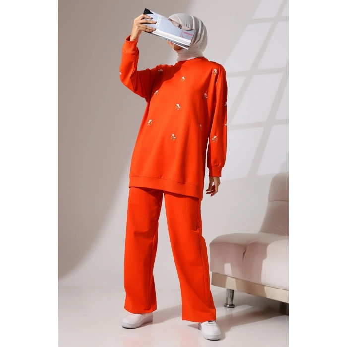 Kadın Turuncu Mevsimlik Penye Alt Üst Spor Ve Rahat Ikili Tunik Pantolon Şık Tesettür Takım