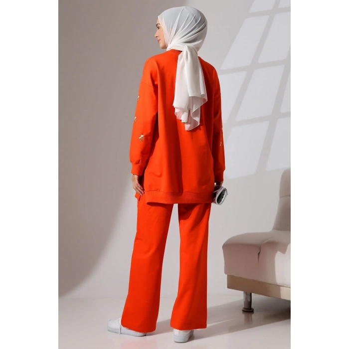 Kadın Turuncu Mevsimlik Penye Alt Üst Spor Ve Rahat Ikili Tunik Pantolon Şık Tesettür Takım